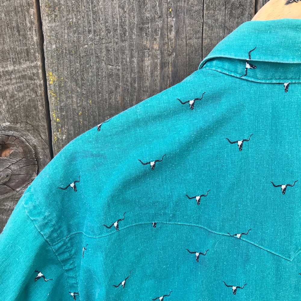 VTG 90s Wrangler USA Made Short Sleeve Western Cow Skull Print Shirt 17 - Picture 8 of 8